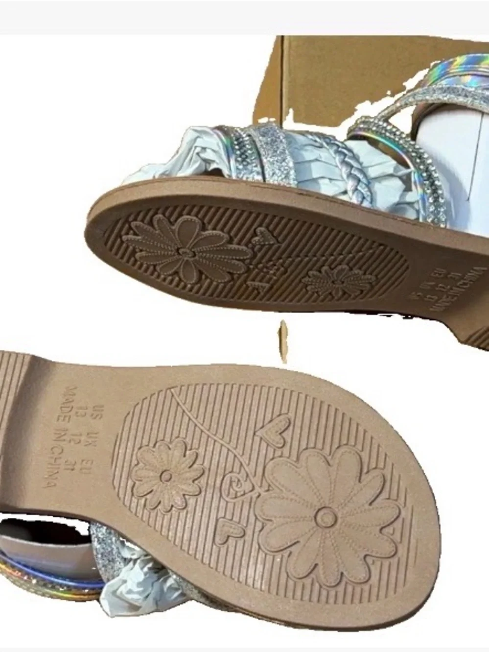 Girls' Holographic Silver Braided & Rhinestone Sandals